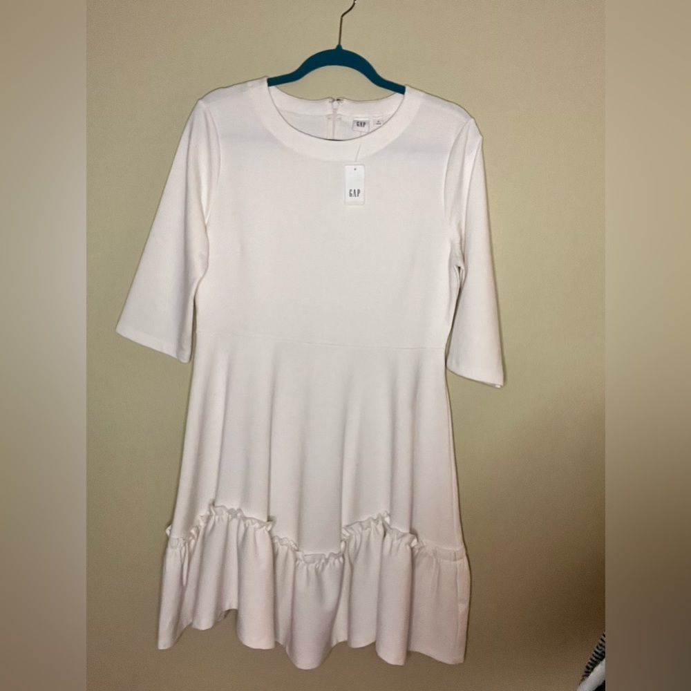 Gap 3/4 Sleeve Ruffle-Hem Party Dress in Ponte, snow caps white Size 14